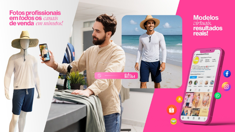 Com o FotoModel, você transforma sua fotografia de moda em produções rápidas e com qualidade profissional em poucos minutos.